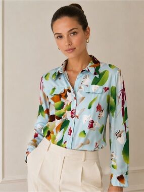 Alberto Makali Floral Print Blouse Silk Feel Light Blue Botanical Top Size M/L